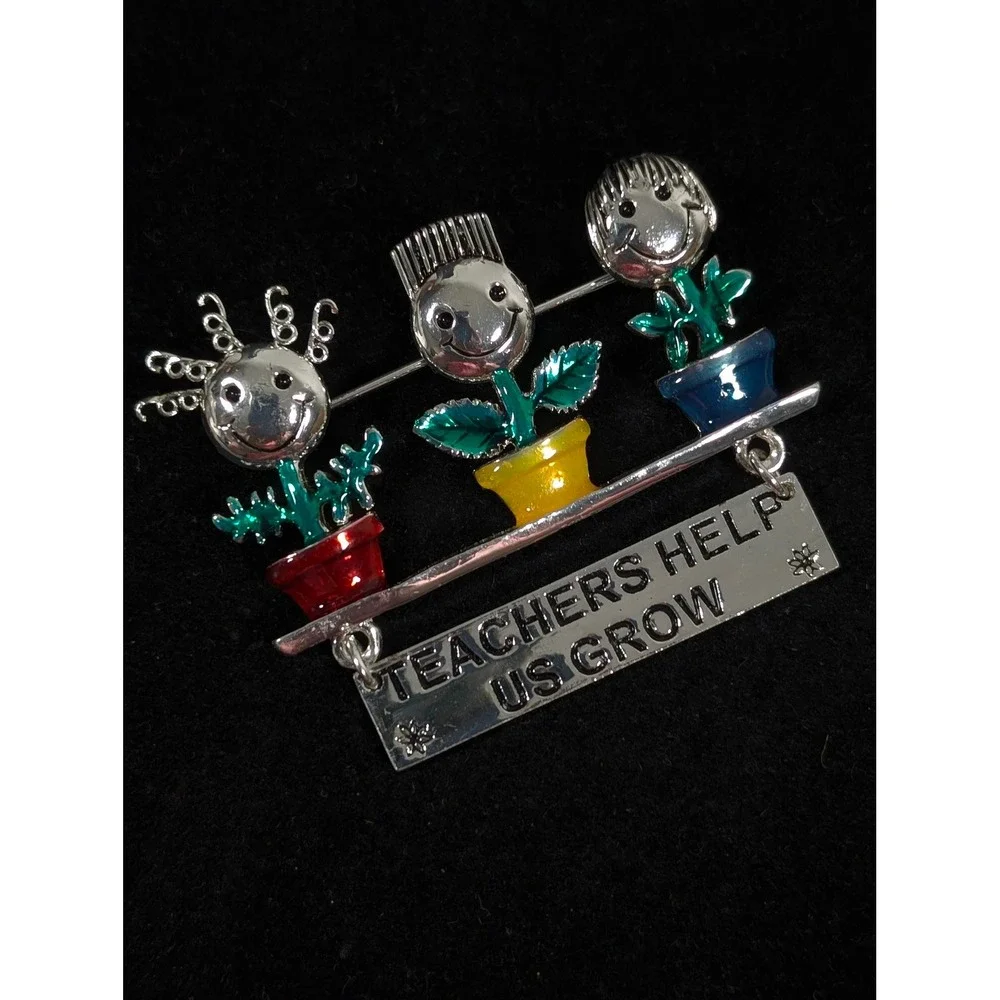 Danecraft Teachers Help Us Grow Brooch Silver‎ Tone Kids Flower Pin